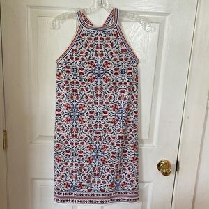 Max Studio Sleeveless Halter Tile-Print Shift Dress in White, Red & Blue